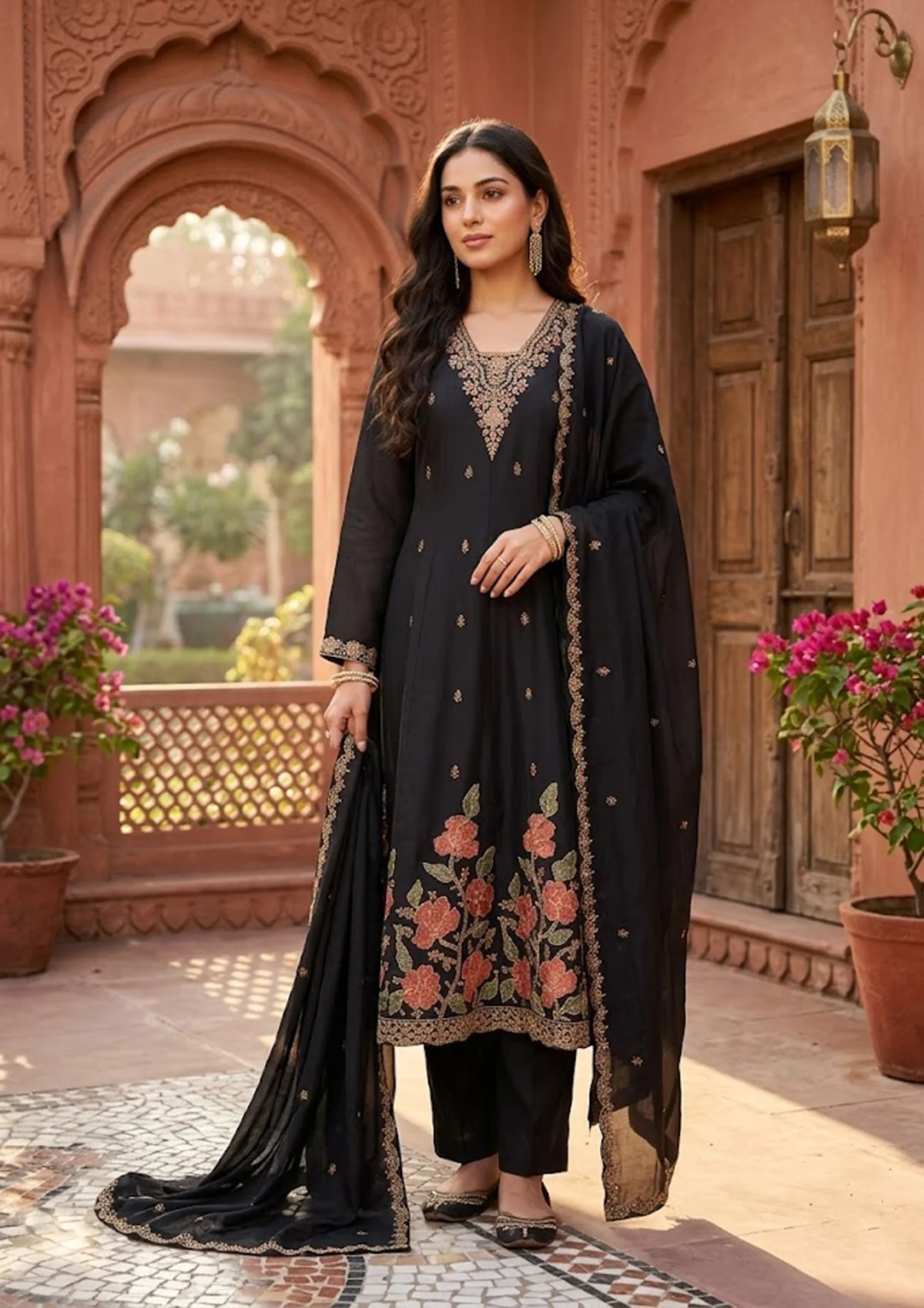 Black Chanderi Cording Anarkali Kurta With Pant Regular And Dupatta